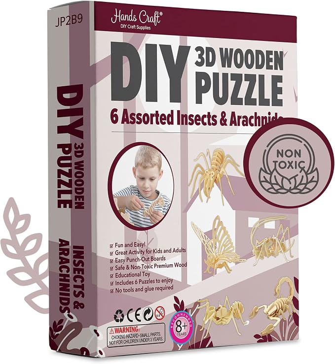 Hands Craft DIY 3D Wooden Puzzle – 6 Assorted Insects & Arachnids Bundle Pack Brain Teaser Puzzles Educational STEM Toy Adults and Kids to Build Safe and Non-Toxic Easy Punch Out Premium Wood JP2B9