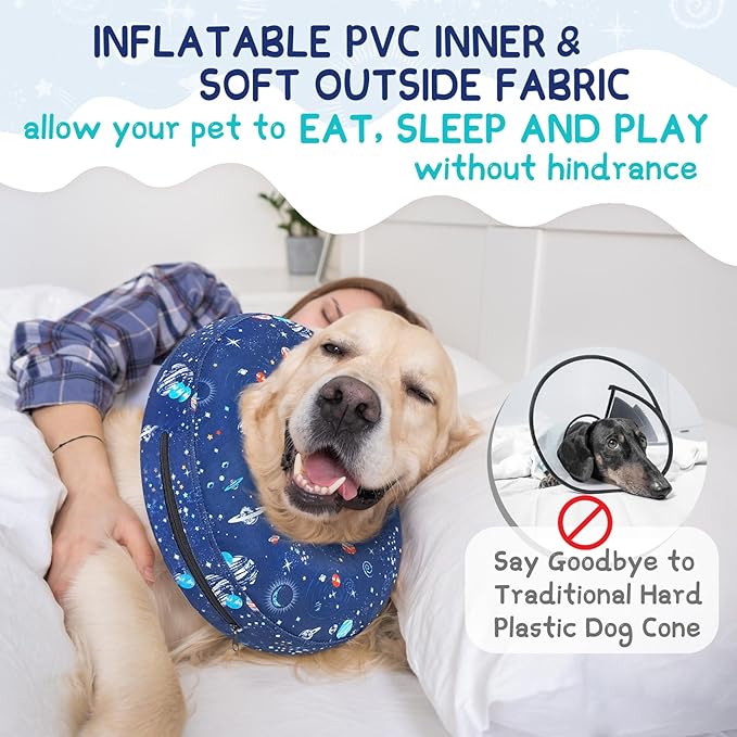 Supet Inflatable Dog Cone Collar for Large Medium Small Dogs, Soft Cone Collar for Dogs Cats, ECollar Doggie Neck Donut Dog Cone Alternative After Surgery