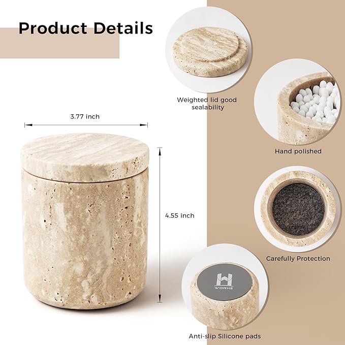 WORHE Travertine Qtip Holder Dispenser with Lid for Cotton Swabs,Balls,Pads,Floss Picks Large Capacity Marble Apothecary Jar for Bathroom Essentials Decor, Vanity Makeup Storage Organizer Beige(WH050)