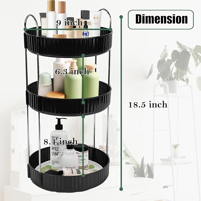 Rotating Makeup Organizer Countertop 3 Tier Lazy Susan Trays Spinning Skincare Perfume Storage for Bathroom Counter Vanity, Black