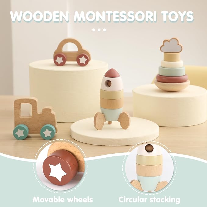 FReniland Wooden Montessori Toys, 4-Piece Wooden Baby Toy, Rainbow Stacking Ring,Car Push and Pull Toy, Rocket Stacking Ring Babys Toys,Newborn Baby Gift Sets for Boys and Girls