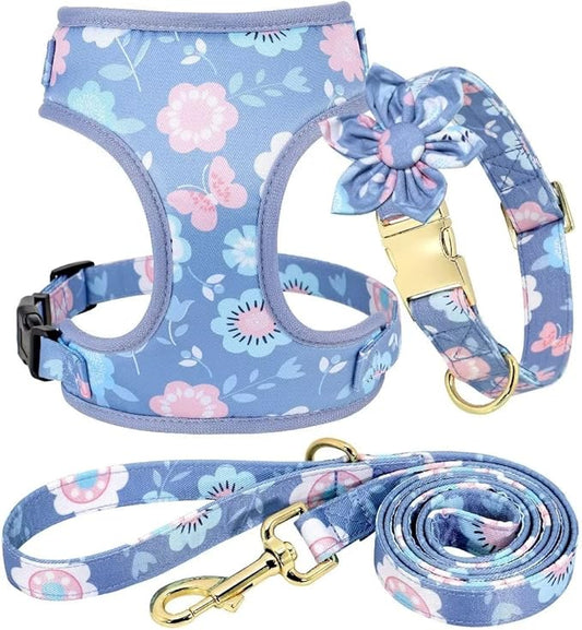Beirui Cute Girl Dog Collars, Harnesses & Leashes Set - Adjustable Dog Collar and Leash Set with Flower - Soft Mesh Dog Vest Harness for Puppies Small Medium Dogs (Purple,M)