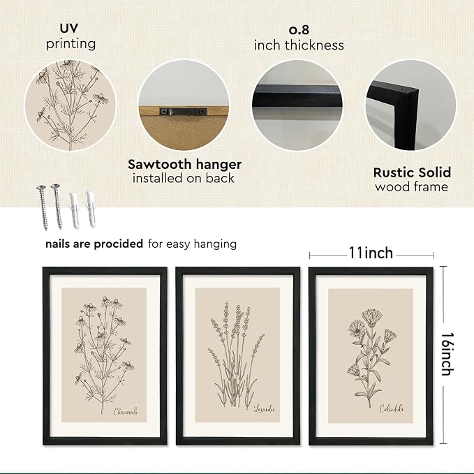 YWJKWLGS Vintage Botanical Wall Art 11x16 Inch Set Of 3 Wooded Framed