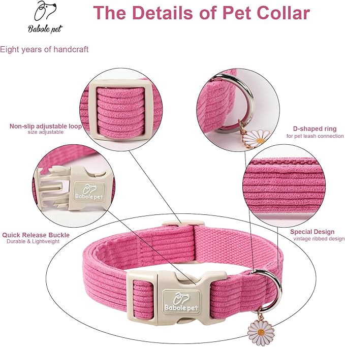 Cute Corduroy Dog Collar - Deep Rose Adjustable Dog Collars for Large Dogs 50-80lbs, Fade-Proof with Secure Snap & Little Charm, Christmas Birthday Gift, L