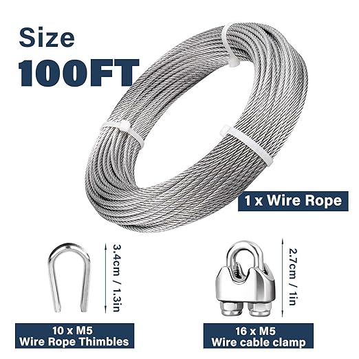 3/16 Wire Rope, 100ft Stainless Steel Cable with Wire Rope Clamps & Thimble, 3700lbs Breaking Strength, 7X19 Strands Aircraft Cable for Zipline, Deck Railing, Clothesline