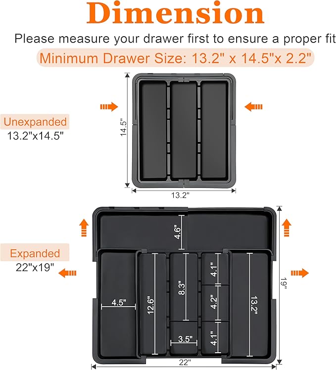 Spaclear Large Utensil Drawer Organizer Expandable Silverware Organizer for Kitchen Drawer Adjustable Cooking Utensil Holder Cutlery Flatware Tray Spatula Tools Gadgets Storage Dividers Plastic Black