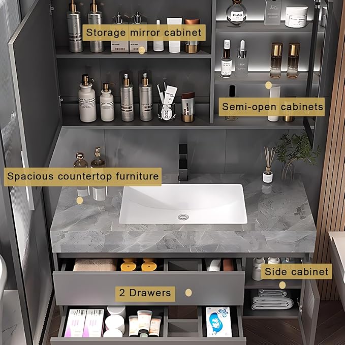 Gray 36IN Modern Bathroom Vanity - Wall-Mounted Bathroom Storage Cabinet & Bathroom Vanity with Sink, Bathroom Medicine Cabinet Wall Mounted, Defogging & Led Lighting | Bathroom Cabinet Slim