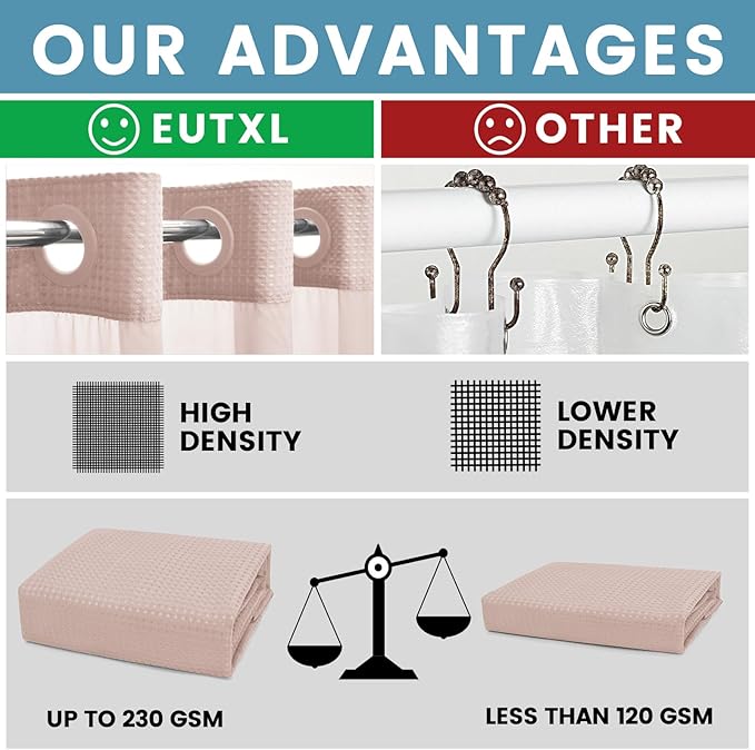 Blush Pink Long No Hook Shower Curtain with Snap in Liner,230GSM Waffle Weave Shower Curtains for Bathroom,71W x 86H