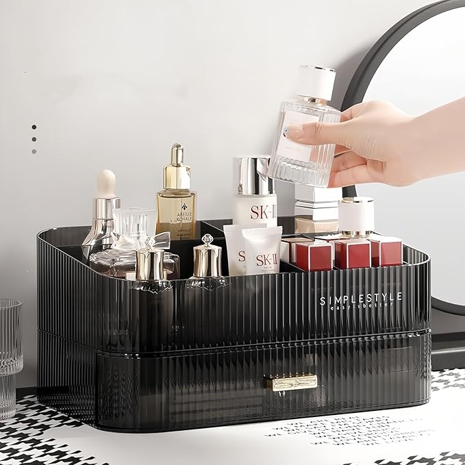 Makeup Organizer for Vanity, Large Desk Organizer with Stackable Drawer for Cosmetics, Skincare, Lipsticks, Palette, Nail Care, Ideal Storage for Dresser and Bathroom Countertop- Black
