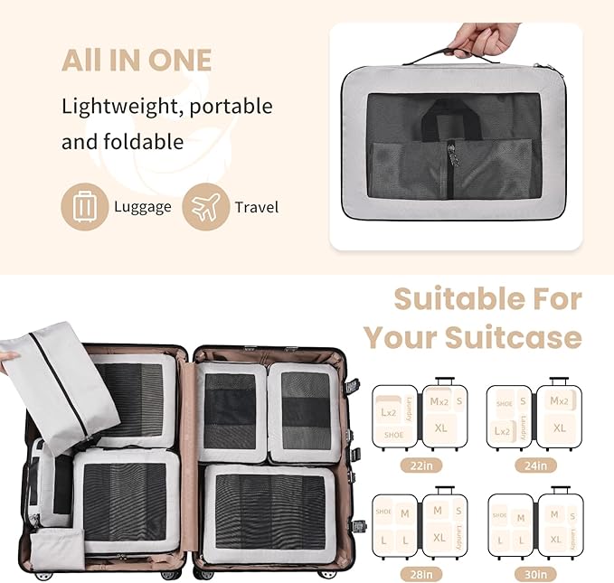 8 Set/6 Set/4 Set Compression Packing Cubes for Travel, Lightweight Vacation Travel Essentials, Travel Accessories for Suitcase Organizer Bags Set, Durable Luggage Organizer