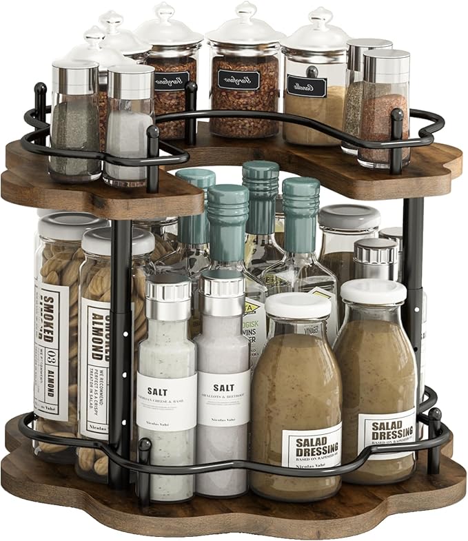 2 Tier Lazy Susan Organizer,2-Tier Spinning Spice Rack with Stable Carousel Base & 4 Height Settings for Cupboard Kitchen Countertop Dining Table Cupboard (Petal Shape)