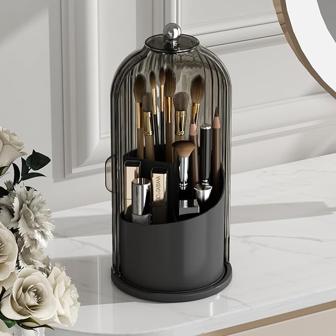 GAXmi Makeup Brush Holder with Lid Cosmetic Tools Organizer 360 Rotating Waterproof Dustproof Beauty Brushes Storage for Vanity, Black-Grey