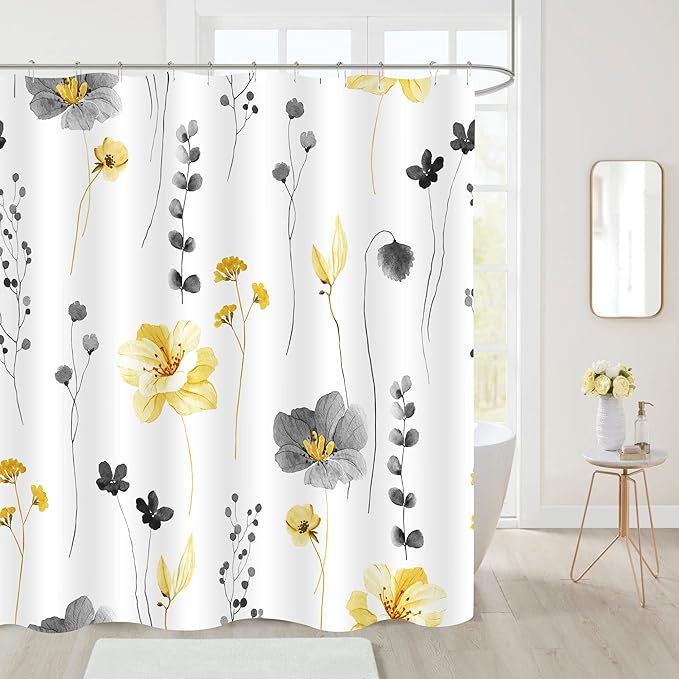 Gibelle Yellow and Grey Floral Shower Curtain, Watercolor Flower Shower Curtain for Bathroom, Modern Minimalist White Waterproof Fabric Shower Curtain Set with Hooks 72x72 Inch