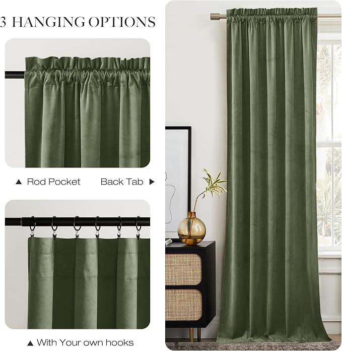 NICETOWN Sage Green Extra Wide Velvet Curtains 84 inches Long 2 Panels