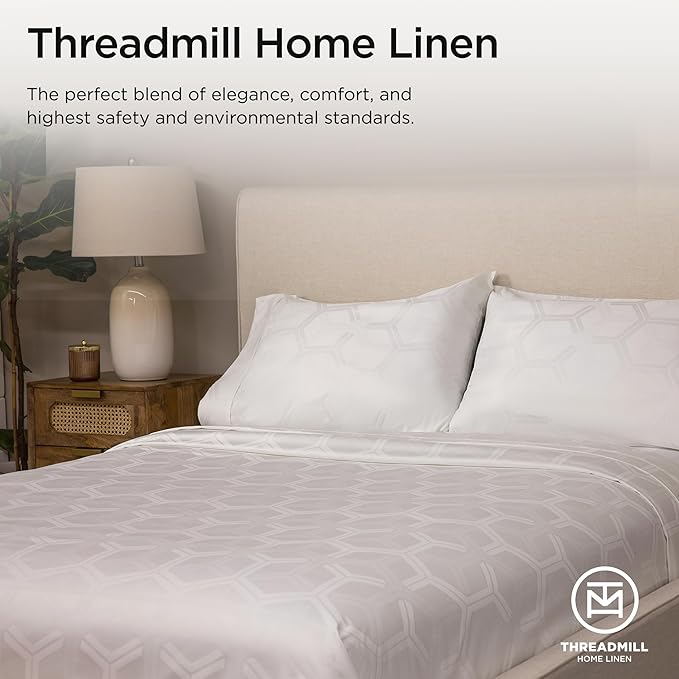 Threadmill 100% Cotton Sheets for King Size Bed - 600 Thread Count King Bed Sheets Set with 16” Deep Pocket - Jacquard Sateen Weave 4-Piece Bedding Set with Cooling Effect, White