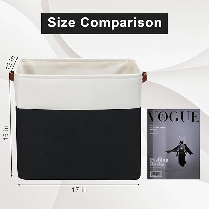 Large Fabric Storage Baskets | 50L Storage Bins, Decorative Linen Closet Baskets with Handles for Organizing, Shelf, Toys, Clothes, Home, Office, Nursery, 17x12x15Inches (Black&White)