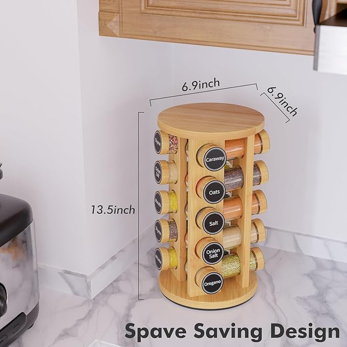 New England Stories Revolving Spice Rack Set with 20 Spice Jars, Kitchen Spice Tower Organizer for Countertop or Cabinet - Carousel Storage Includes 386 Spice Labels (Bamboo)