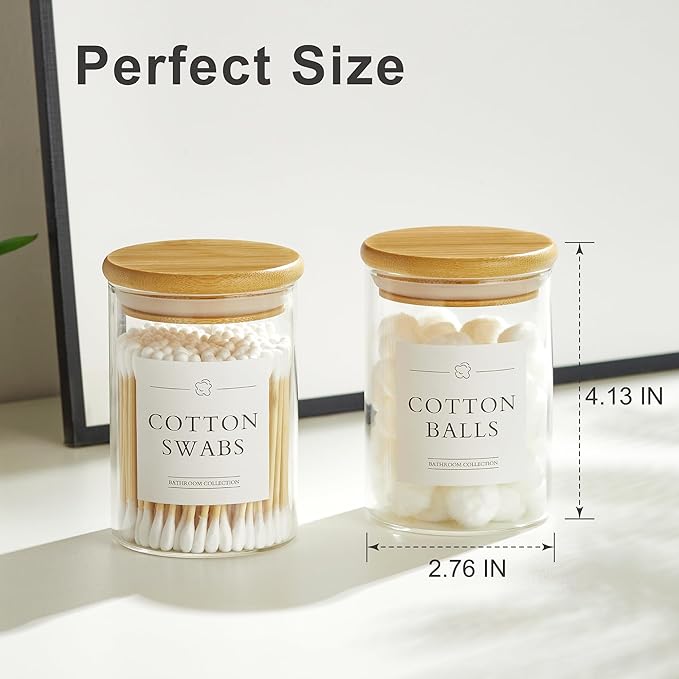 3 Pack Qtip Holder Dispenser - Glass Apothecary Jars with Lids, Cotton Ball Pad Swab Round Holder, Bamboo Bathroom Accessories, Bathroom Organizers Containers Jars Canisters with Lids