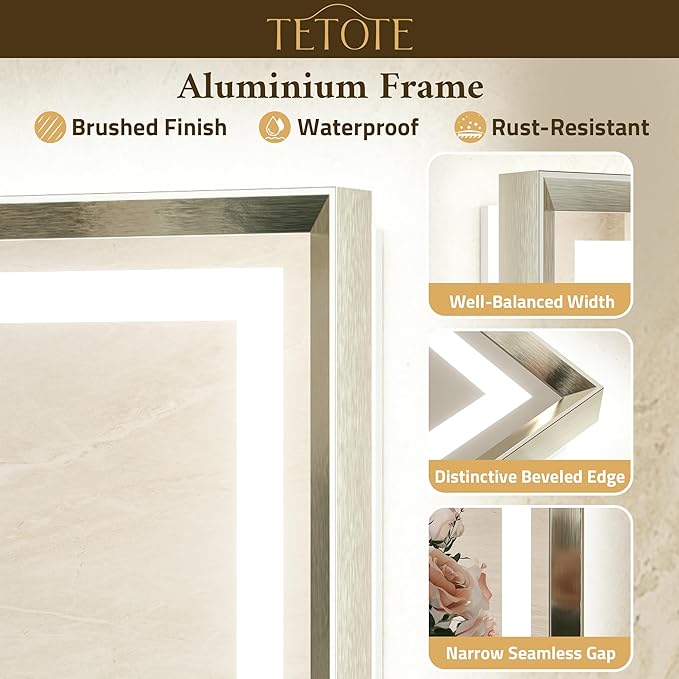 TETOTE Led Bathroom Mirror 36 x 36 with Brushed Bright Nickel Frame Anti-Fog Frontlit & Backlit Vanity Mirror Stepless Dimmable 3 Colors White/Warm/Natural Wall-Mounted