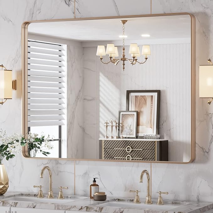 LOAAO 40”X30” Gold Bathroom Mirror, Rounded Rectangle Gold Frame Mirror, Brushed Gold Bathroom Vanity Mirror Wall-Mounted, Anti-Rust, Tempered Glass, Hangs Horizontally or Vertically