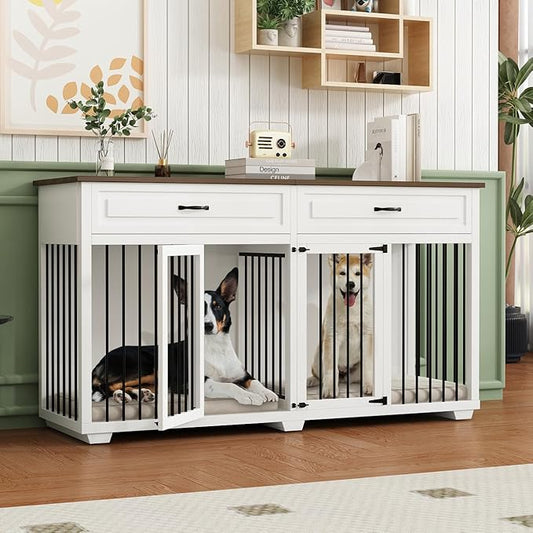 Furniture Style Dog Crate, 72" Large Wooden Dog Kennel with Drawers & Divider, Heavy Duty Indoor Dog Cage with Double Rooms for Large Medium Small Dogs, White