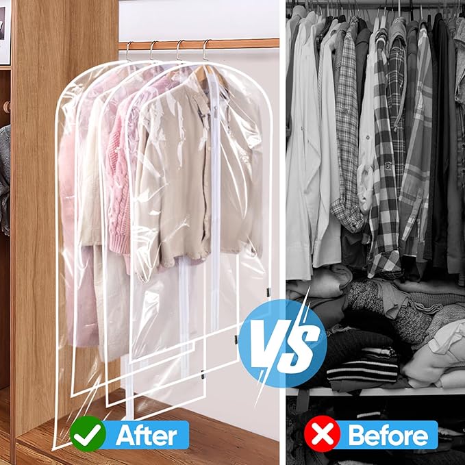 BALEINE 60'' Clear Garment Bags, 12 Packs PEVA Dress Bag for Closet Clothes Dresses Suit Coats Storage (Clear, 12PK)