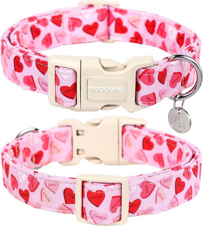DOGWONG Valentine's Dog Collar - Pink Heart Adjustable Cotton Heart Dog Collar - Perfect for Small, Medium, Large Dogs