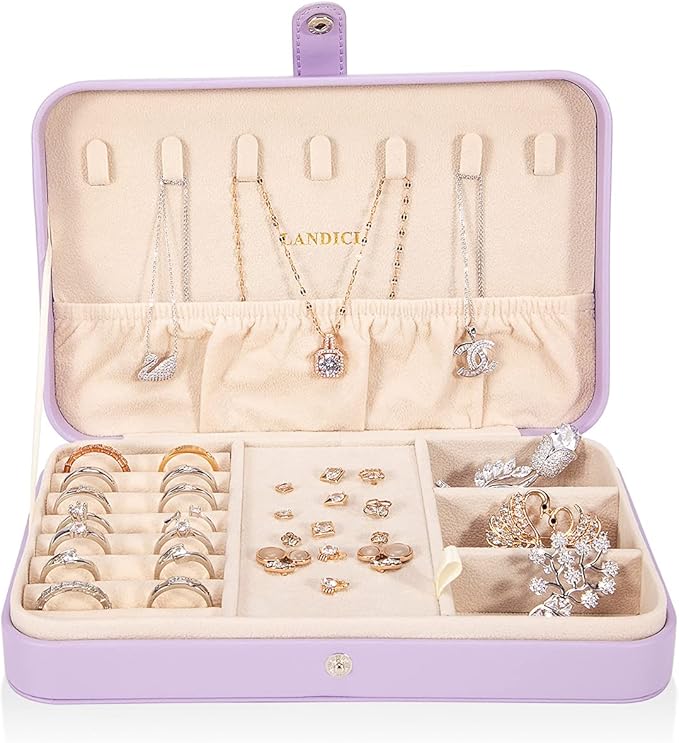 LANDICI Small Jewelry Box for Women Girls, PU Leather Travel Jewelry Case, Portable Jewelry Organizer Storage Holder Display for Ring Earrings Necklace Bracelet Bangle Men Kids Gift, Lavender
