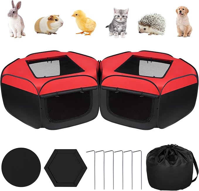 Chick Brooder Box, 2Pcs Removable Pop-up Small Animals Playpen, Pet Cage Tent with Cover & Zippers, Water Repellent Portable Yard Fence Indoor Outdoor for Chick, Rabbits, Kittens, Puppies