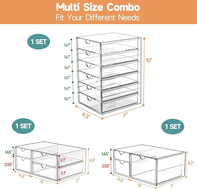 Makeup Drawer Storage Organizer with 13 Drawers, 3 Set Acrylic Office Desk Organization and Storage, Dustproof Drawer Organizer for Makeup, Office, Countertop, Jewelry, Pen, Desktop, Bathroom, Bedroom