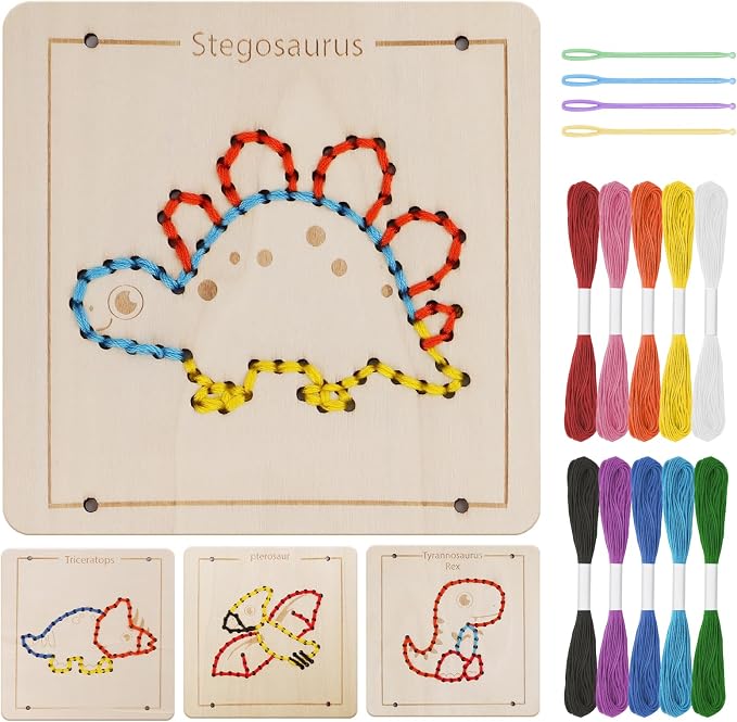 Montessori Wooden Lacing Dinosaur Toys for Toddlers and Kids Ages 2-4 5-7, Sewing Kit Fine Motor Skill Busy Board, Education Sensory Preschool Toy for 1 2 3 4 Year Olds, Birthday Gift for Boys Girls
