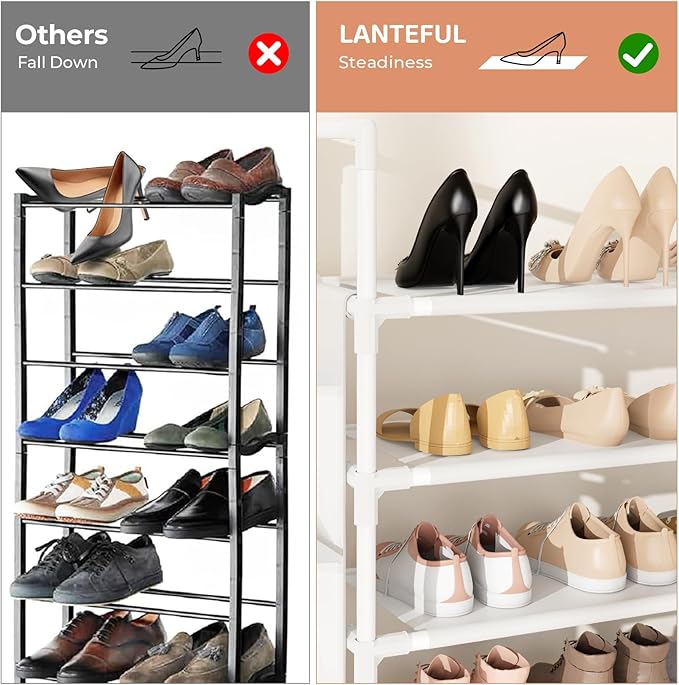 6 Tier Shoe Rack Storage for 24-30 Pairs Shoe and Boot, Shoe Organizer with Hook and Side Pocket Free Standing Long Shoe Shelf Tall Shoe Rack Organizer for Closet, Entryway, Dorm, White