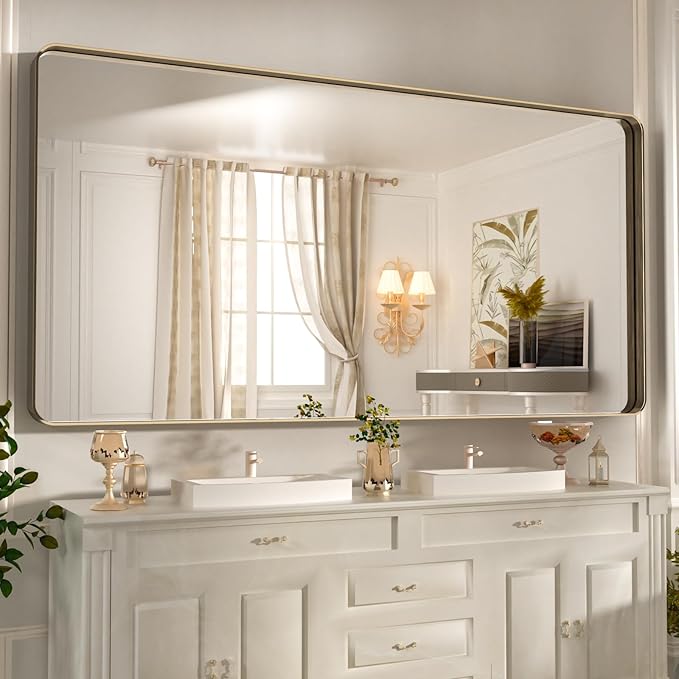 WEER 72x36 Inch Bronze Bathroom Mirror for Vanity, Brushed Bronze Metal Frame Mirror for Wall, Rounded Rectangle Bronze Frame Mirror with Tempered Glass, Anti-Rust (Horizontal/Vertical)