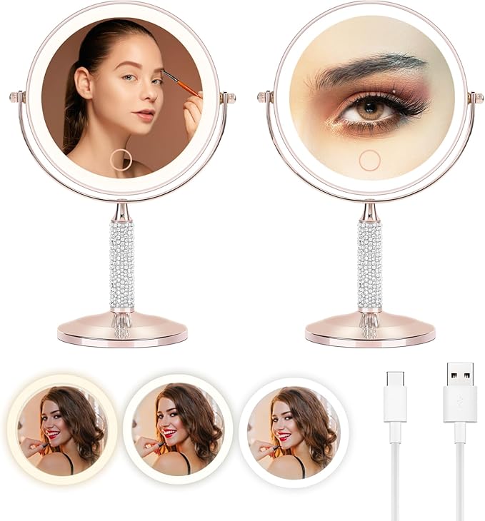 7" Rose Gold Glitter Diamond Rhinestone Makeup Mirror,360°Rotate Round Tabletop Vanity Mirror Double Sided 1X/10X HD Undistorted Magnifying Mirror,Portable Vanity Women Gift (Rose Gold)