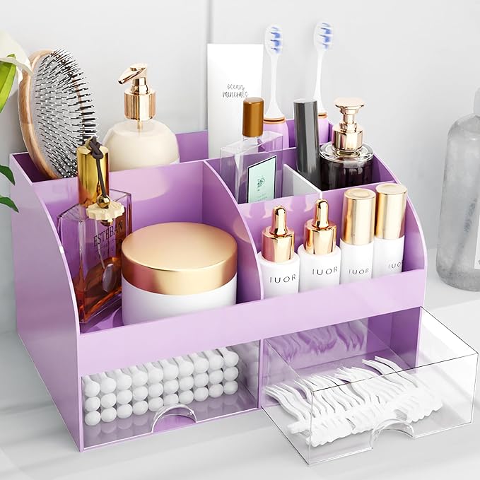 Makeup Organizer with Drawers, Cosmetic Storage for Dresser Vanity and Bathroom Countertop, Beauty Holder for Lipstick Brush, Skincare Organizer for Vanity, Cosmetic Display Case (Purple)