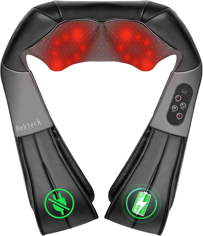 Nekteck Neck Back Massager with Heat, Cordless Shiatsu Shoulder Massager for Pain Relief Deep Tissue, Electric 3D Kneading Massage Pillow for Body Muscle, Gifts for Men Women Dad Mom