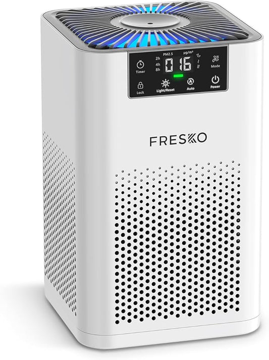 FRESKO Small Air Purifier for Home, HEPA Air Purifiers for Pet Hair, Odors, Quiet Air Cleaner with Aromatherapy for Bedroom & Office, Real-Time PM 2.5 Display, 22dB Sleep Mode, 360°Airflow, White