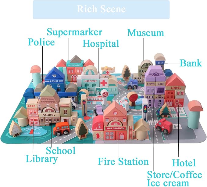 umbresen 115 Pcs Wooden City Building Blocks Set, Colorful Stacking Preschool Educational Toys for Toddlers Boys Girls Gifts with 20 Pcs Floor Jigsaw Puzzle and Storage Bag (City Building Toy Set)