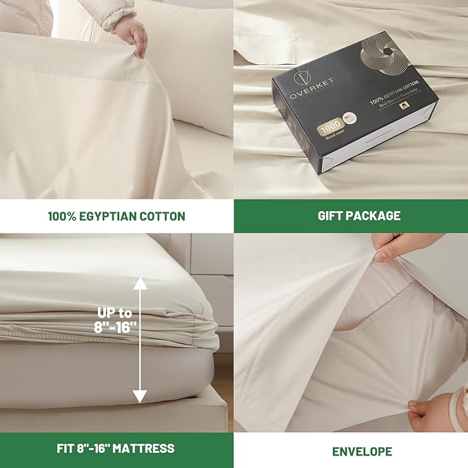 100% Egyptian Cotton Sheets King Size 1000 Thread Count Sateen Weave Soft Breathable 16-Inch Deep Pocket 4PCS（King,Linen）