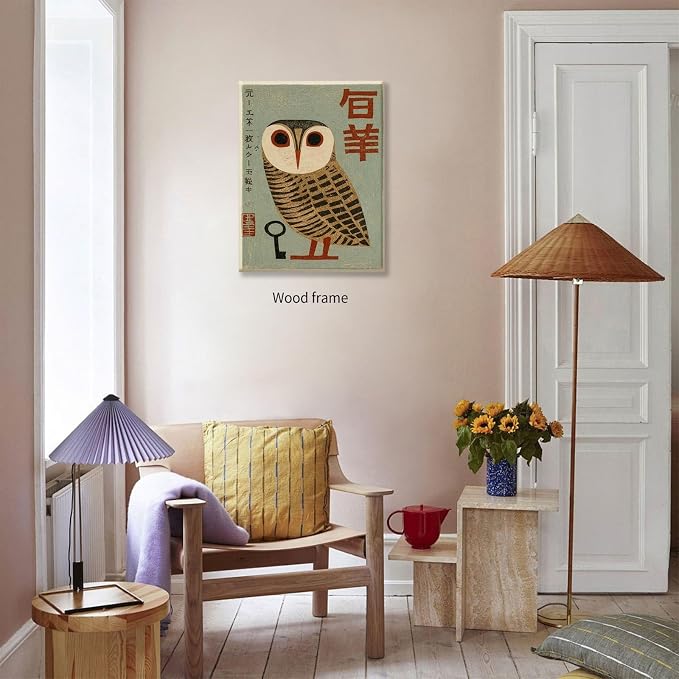 Vintage Japanese Framed Wall Art Owl Poster Mid Century Animal Print 16x24in