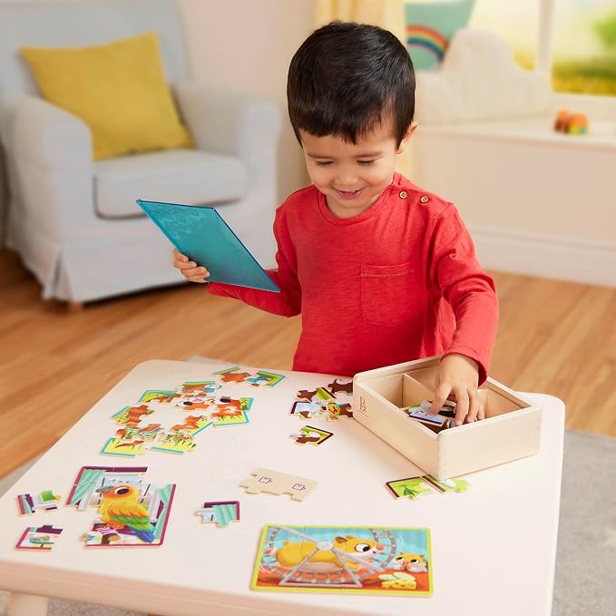 B. toys Wooden Jigsaw Puzzle Set, Pack o' Puzzles 3-Pack Storage, 3 Pack | 12 wooden 12-piece puzzles with pets, dinos and trucks in 3 sturdy storage boxes; color-coded backs for sorting; 3+ Years