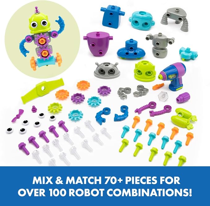 Educational Insights Design & Drill Robot Workshop - Construction Toys & Tools for Kids, Robot Toy Building Sets, Kids' Tool Set with Real Electric Drill Toy, Take Apart STEM Set, Gifts for Ages 3+