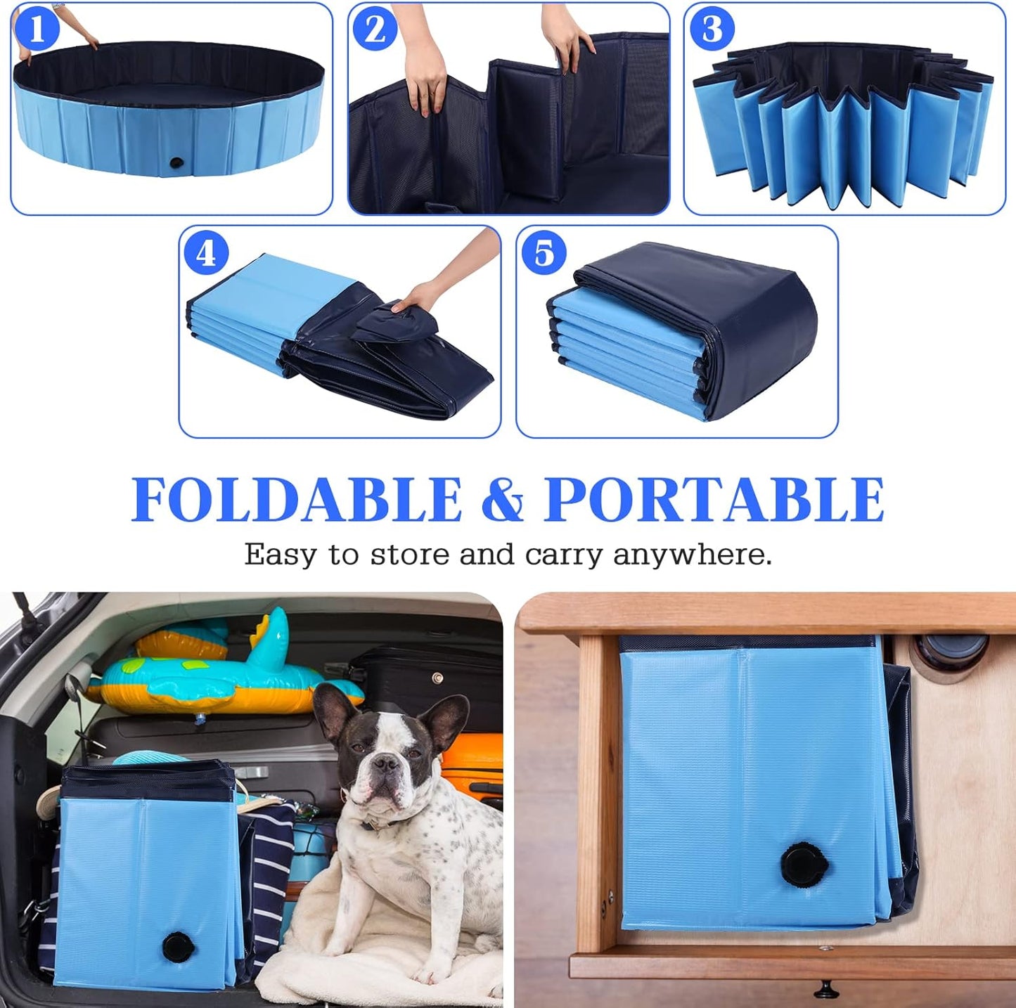 Foldable Dog Bath Swimming Pool Plastic Kiddie Pool Professional Tub Collapsible Grooming Bathtub for Pets Kids Baby and Toddler, 55 x 12 Inches Blue