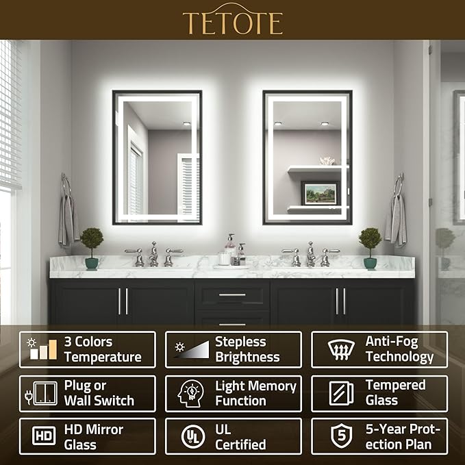 TETOTE 24 x 36 Bathroom LED Mirror Brushed Black Metal Frame Frontlit & Backlit Vanity Mirror Anti-Fog Stepless Dimmable 3 Colors White/Warm/Natural Mirror with Lights Wall-Mounted