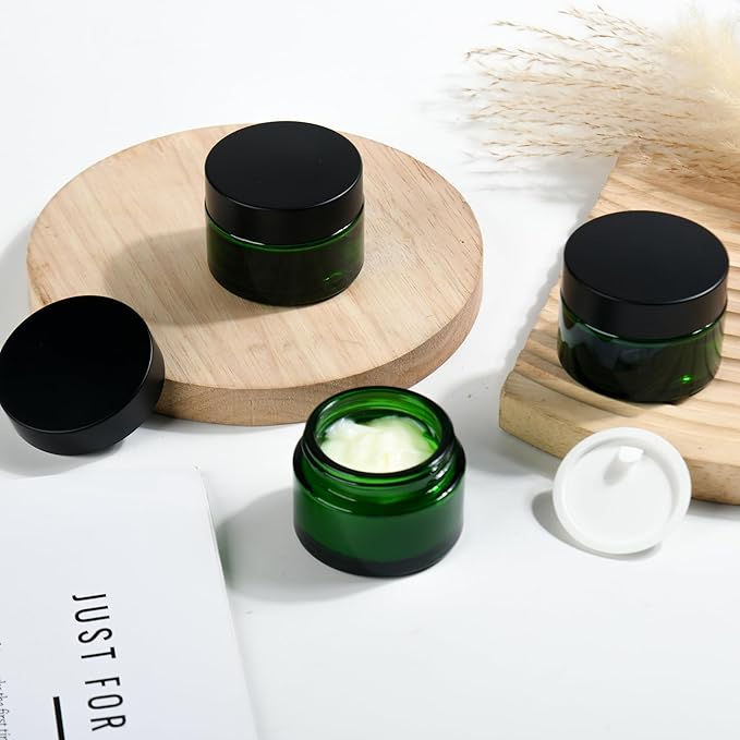 1 oz Reusable Green Glass Container Jars 24 Pack with Wide-mouth Leak Proof Cap and Inner Pull-On Lid for Travel Storage Makeup, Face Creams, Body Lotions, DIY Crafts or Others