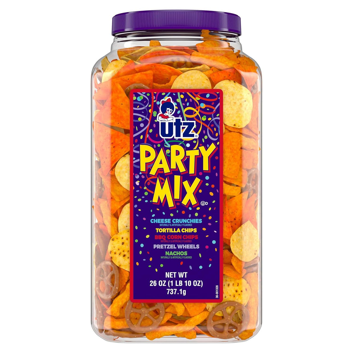 Utz Party Mix - Tasty Snack Mix Includes Corn Tortillas, Nacho Tortillas, Pretzels, BBQ Corn Chips and Cheese Curls, Cholesterol Free and Trans-Fat Free, 1.62 Pound (Pack of 1)