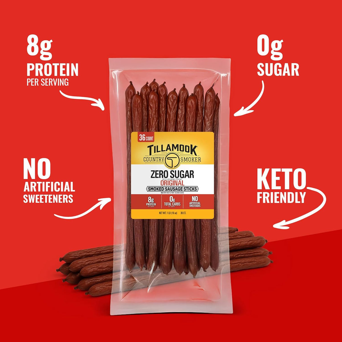 Tillamook Country Smoker Smoked Sausage, Zero Sugar, Original, 16 Ounce (36 Count Meat Sticks) Real Hardwood Smoked Sausages, Low Carb, High Protein Ready to Eat Keto Snack