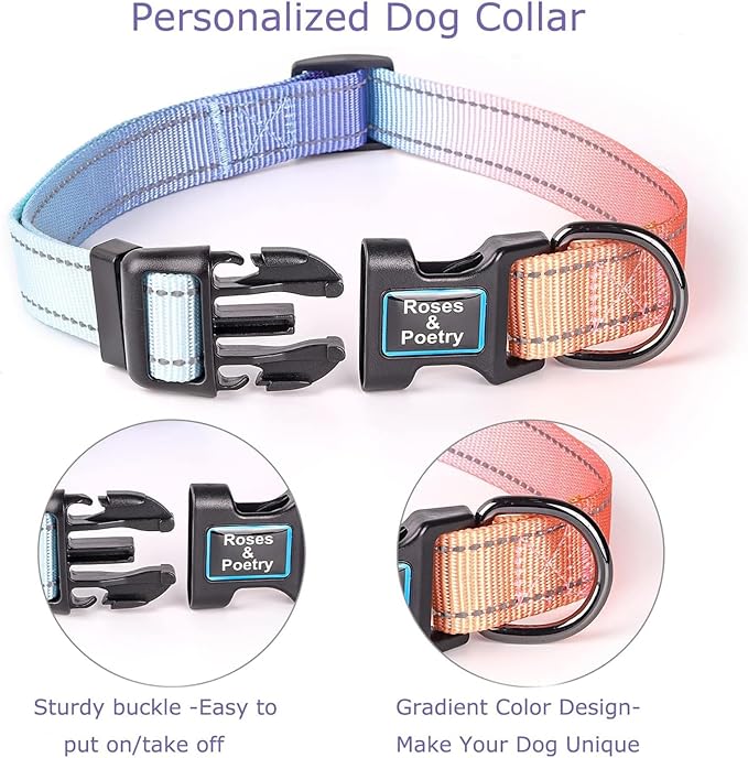 Roses&Poetry Reflective Dog Collar with Gradient Azure, Adjustable Durable Pet Collars for Small Medium Large Dogs (Azure-L)