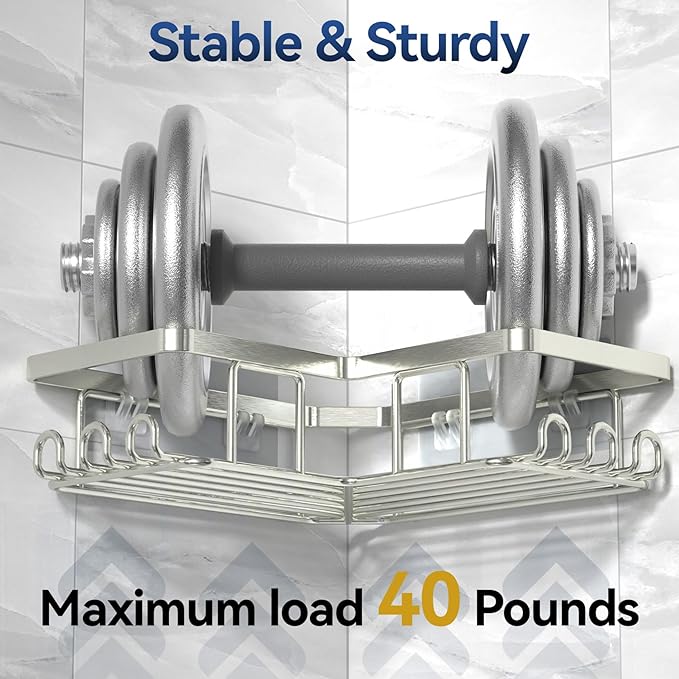 YASONIC Corner Shower Caddy, 3-Pack Adhesive Shower Caddy with Soap Holder and 12 Hooks, Rustproof Stainless Steel Bathroom Organizer, No Drilling Wall Mounted Shower Rack, Nickel