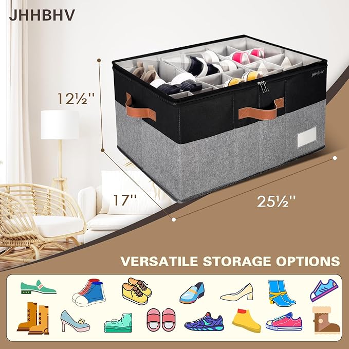 2 Pack Shoe Organizer for Closet, Adjustable Shoe Box Storage Containers, Large Foldable Shoe Bins with Clear Cover, Space Saving Shoes Holder with 4 Handles, Fits 24-48 Pairs, Black